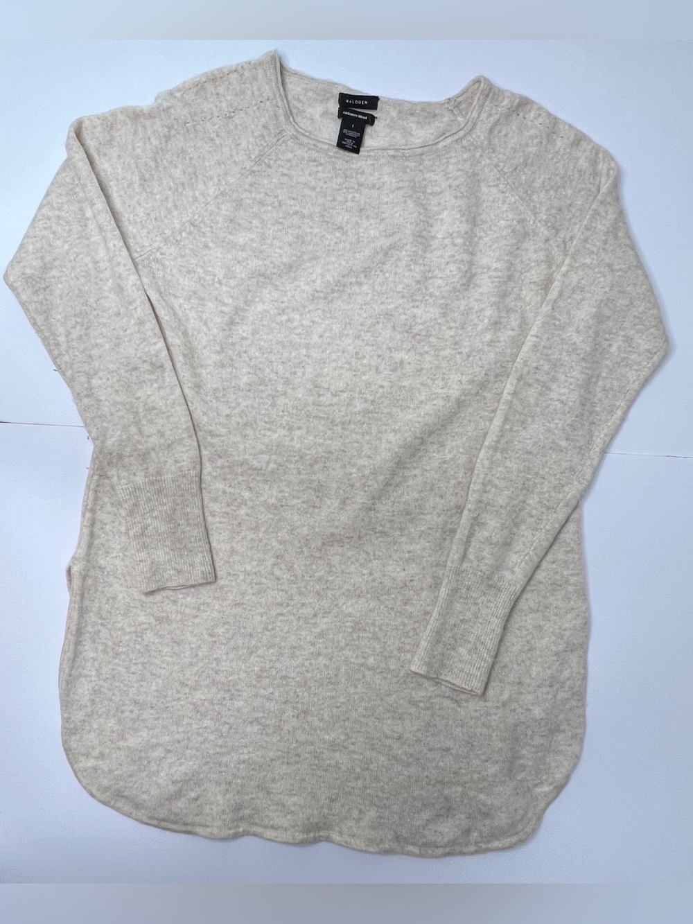 Halogen Large Oatmeal Wool Cashmere Blend Long Sleeve Crewneck Soft Sweater